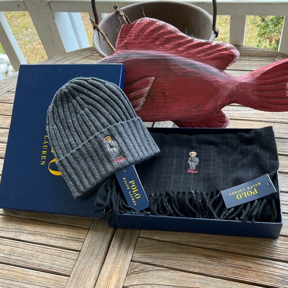 NWT New Polo Ralph Lauren Wool and Cashmere Hat and Scarf Boxed Set Polo Bear